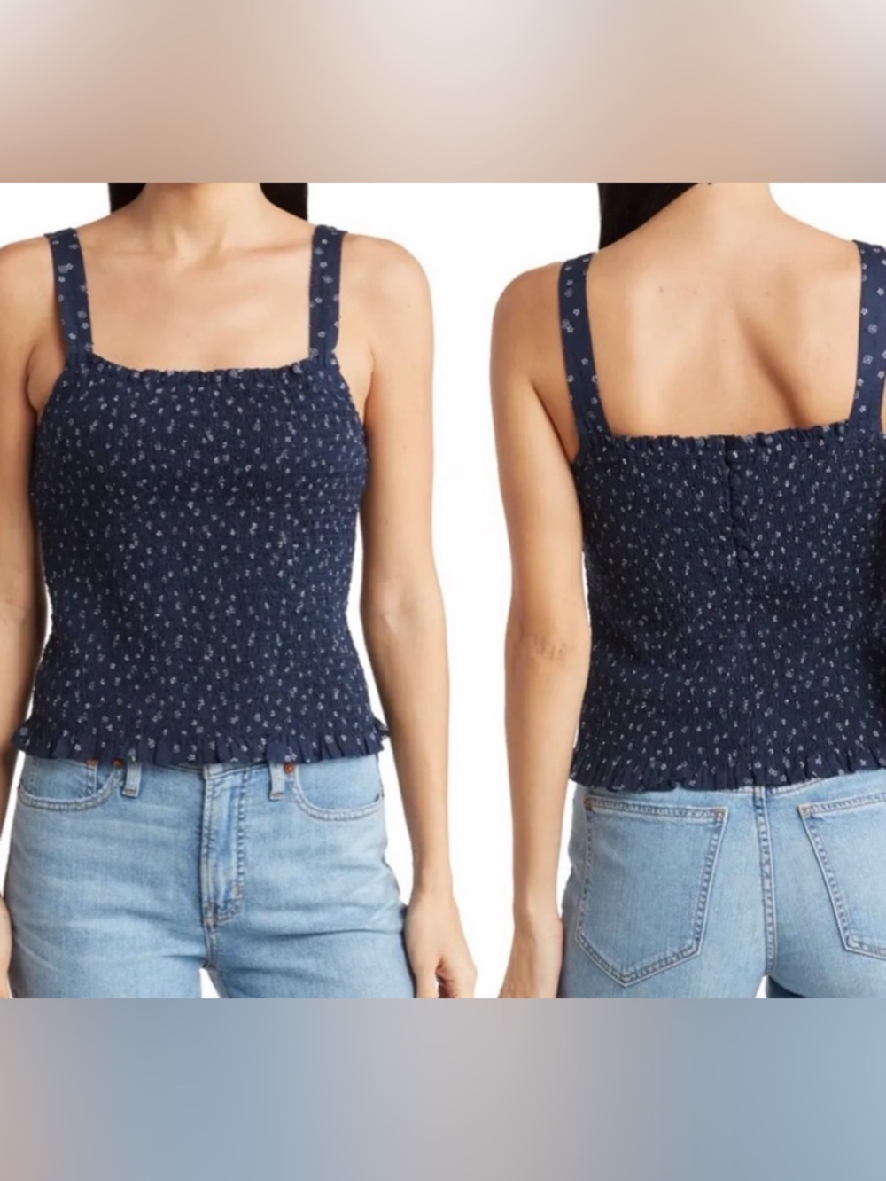 Madewell Navy Smocked Floral Square Neck Tank Back Decorative Buttons